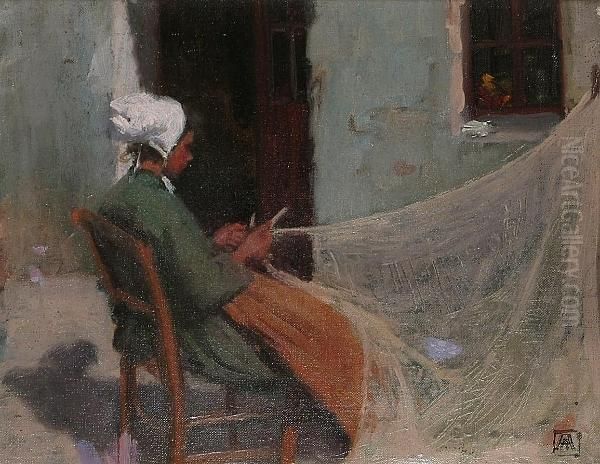 Woman Mending The Nets Oil Painting by Amy B. Atkinson