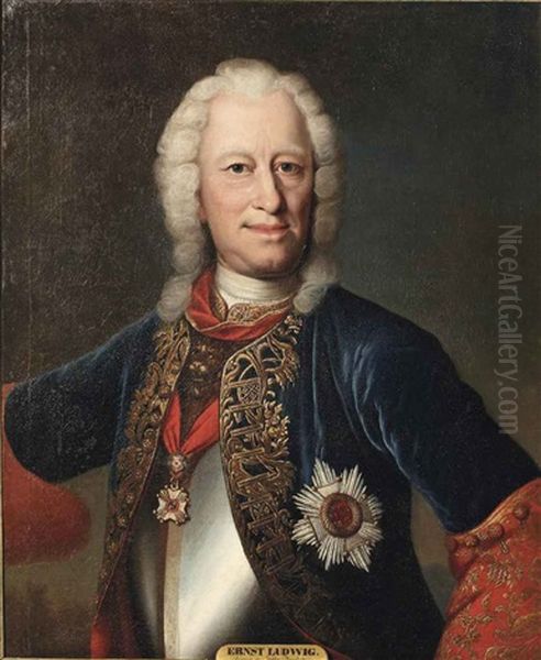 Portrait Of Ernst Ludwig, Landgrave Of Hesse-darmstadt (1667-1739), Half-length, In A Curas With A Blue And Red Coat With Gold Trimmings Oil Painting by Johann Christian Fiedler