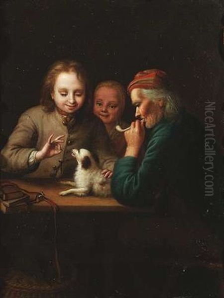 Bauerliches Paar (+ Die Hundchendressur; Pair) Oil Painting by Johann Christian Fiedler