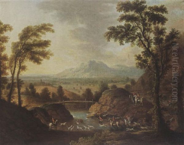 A Hilly River Landscape  With A Stag Hunt Oil Painting by Johann Christian Fiedler