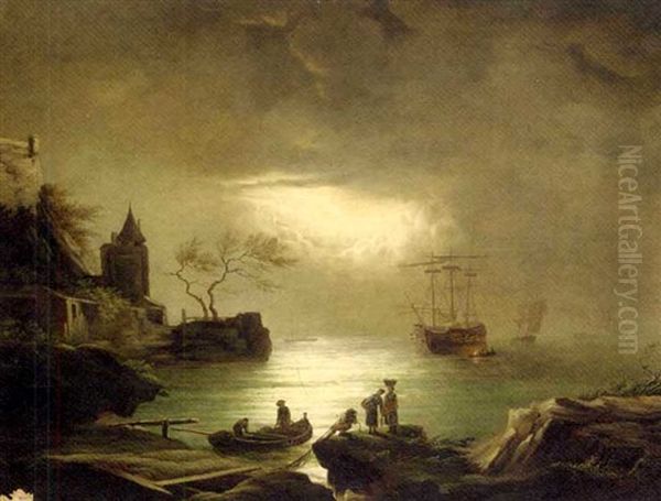 A Moonlit Docking Oil Painting by Arnold Fiedler