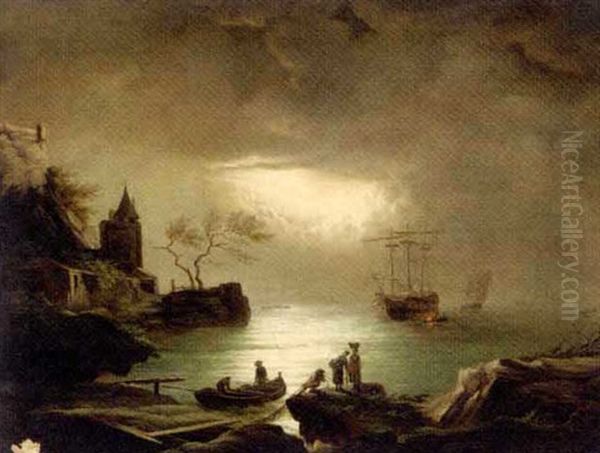 A Moonlit Docking Oil Painting by Arnold Fiedler