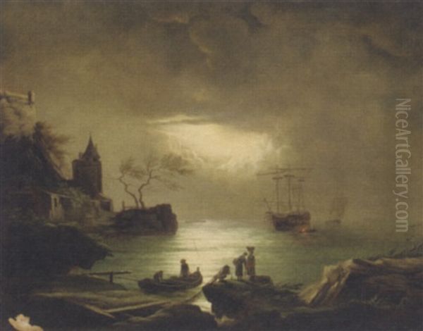 A Moonlit Docking Oil Painting by Arnold Fiedler