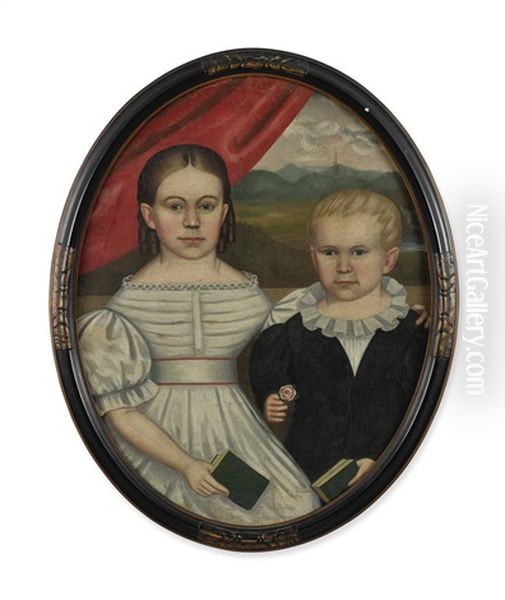 Portrait Of A Boy And A Girl, Each Holding A Book Oil Painting by Erastus Salisbury Field