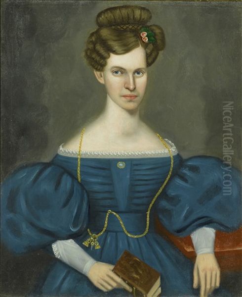 Portrait Of A Young Woman In A Blue Dress And Wearing A Gold Pocket Watch Chain Oil Painting by Erastus Salisbury Field