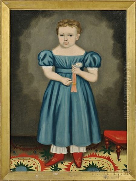 Portrait Of A Blond-haired Child Wearing A Blue Dress Holding A Watch, Standing On A Patterned Carpet Oil Painting by Erastus Salisbury Field