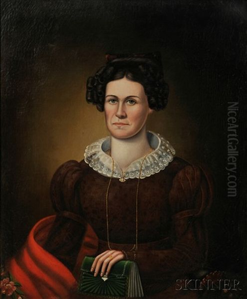 Portrait Of A Woman Wearing A Red Shawl And Holding A Green Pocketbook Oil Painting by Erastus Salisbury Field