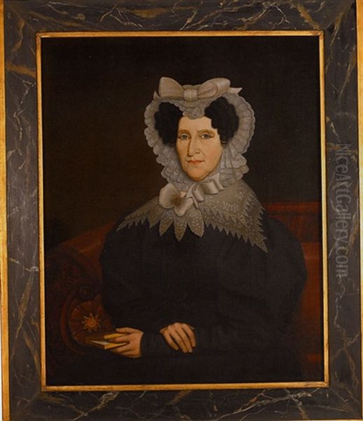 Portrait Of A Lady Wearing A Ribbon Tied Lace Bonnet, A Lace Square Collar With Gold Moon Shaped Brooch And A Black Gown, Seated On A Sofa With Both Hands Crossed In Her Lap Oil Painting by Erastus Salisbury Field