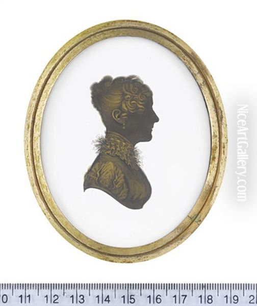 A Lady, Profile To The Right, Wearing Dress With Short Gathered Sleeve, Frilled Tulle To The High Collar And Pendent Earring Oil Painting by John M. Field