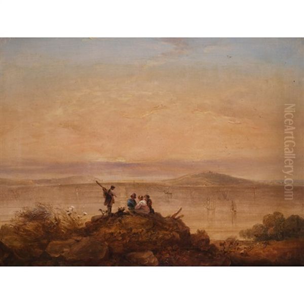 A Family On A Clifftop, Looking Across Plymouth Sound To Mount Edgecumbe Oil Painting by Copley Fielding