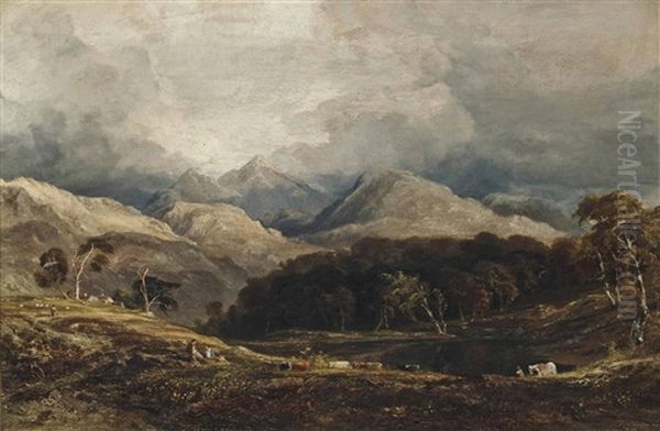 View From Pont Aberglaslyn Looking West Towards Moel Hebog And The Aberglaslyn Woods, Caernarvanshire, North Wales Oil Painting by Copley Fielding