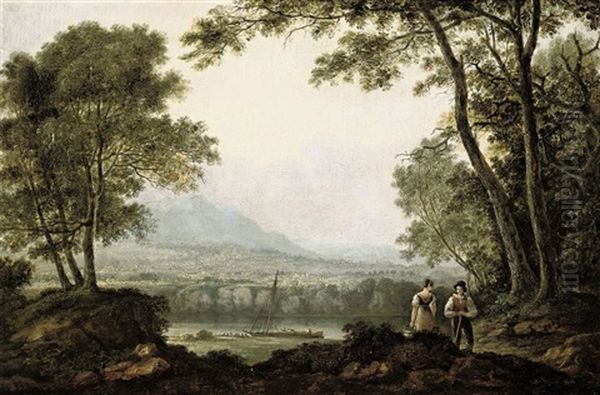 Two Figures In A Landscape, Overlooking A River With A Town And Mountains Beyond Oil Painting by Copley Fielding