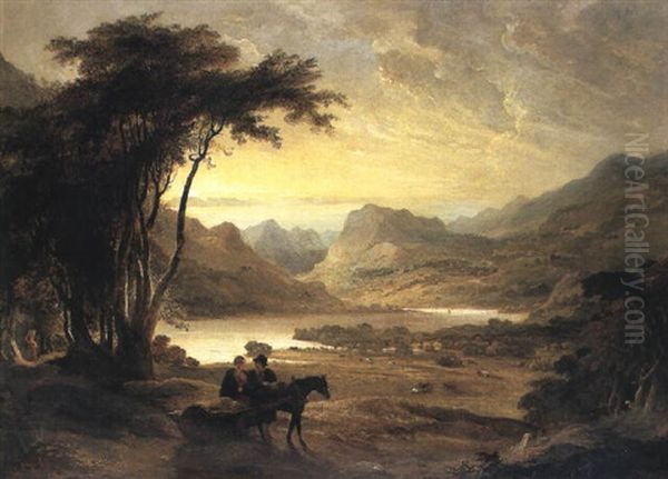 Mountainous Lake Landscape With Couple And Horse Cart Oil Painting by Copley Fielding