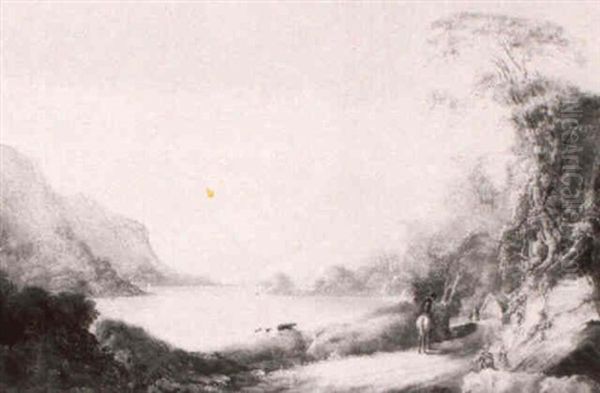 Figures On A Track With A Lake Landscape Beyond Oil Painting by Copley Fielding