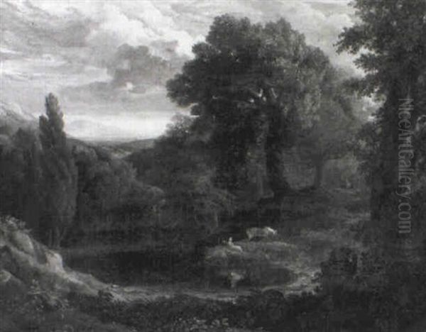 A Wooded Landscape With A Lady And Her Horse Resting By A   Pool, A Waterfall And Mountains Beyond Oil Painting by Copley Fielding