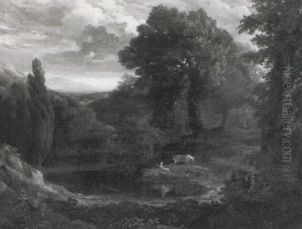 A Wooded Landscape, With A Lady And Her Horse Resting       Beside A Pool, A Waterfall And Mountains Beyond Oil Painting by Copley Fielding