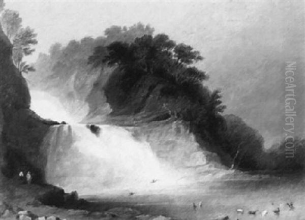 Figures By A Waterfall Oil Painting by Copley Fielding