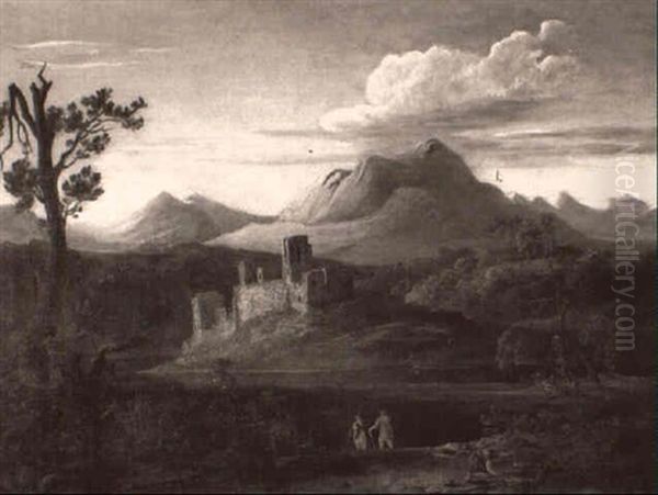 Mount Snowdon With Castle Ruins And Figures In The          Foreground Oil Painting by Copley Fielding