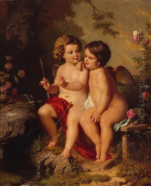 Putti In A Garden Oil Painting by Edward Fielding