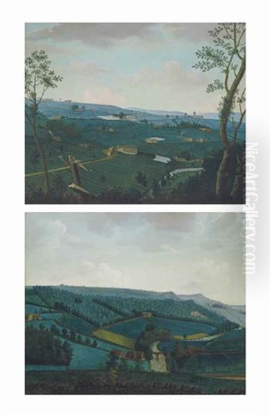 An Extensive Evening View Of Field House, Sowerby, Near Halifax, Yorkshire, And The Surrounding Lands, Viewed From The South; And An Extensive Evening View Of Rough Hey Wood, Sowerby, Near Halifax, Yorkshire, And The Surrounding Lands Oil Painting by Nathan Theodore Fielding