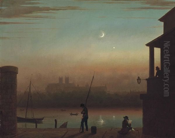 View Of Westminster From Accross The River Thames At Dusk, With Figures In The Foreground Oil Painting by Nathan Theodore Fielding