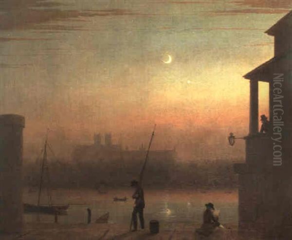 The Thames By Moonlight, With Westminster Abbey And The Old Houses Of Parliament From Lambeth Oil Painting by Thales Fielding