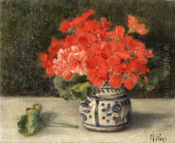 Blumenstrauss In Weiss-blauer Keramikvase Oil Painting by Mathilde Fierz