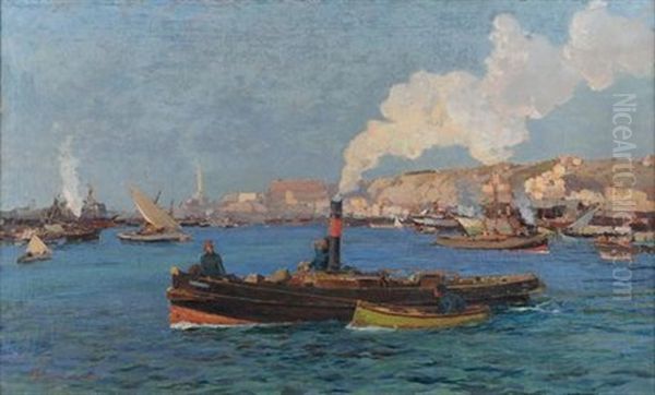 Veduta Del Porto Di Genova Con Rimorchiatori Oil Painting by Andrea Figari