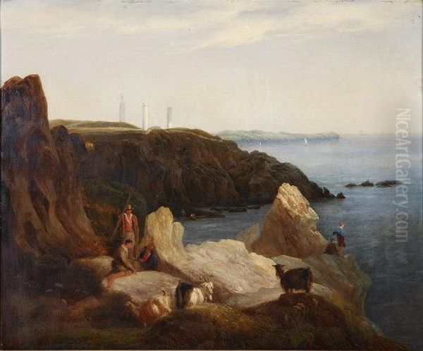 Coastal Scene With Figures And Goats On And Near The Cliffs by George Mounsey Atkinson