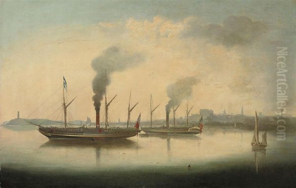 Crowded Paddlesteamers Lying At Anchor In A Harbour, Thought To Becork Oil Painting by George Mounsey Wheatley Atkinson