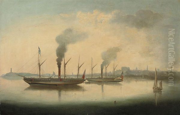 Crowded Paddlesteamers Lying At Anchor In A Harbour Thought To Becork Oil Painting by George Mounsey Wheatley Atkinson