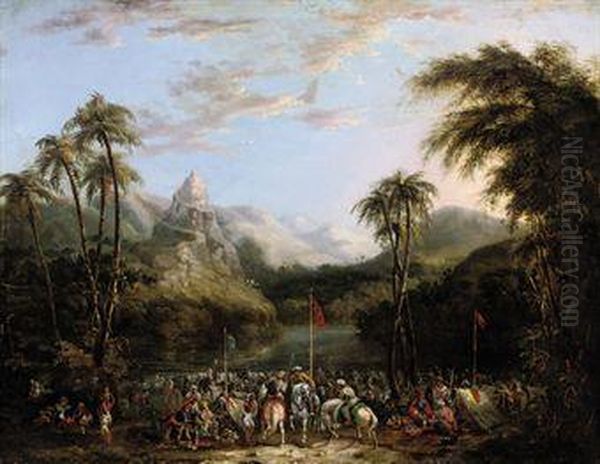 A Meeting Of Rajahs In The Punjab Hills Oil Painting by James Atkinson