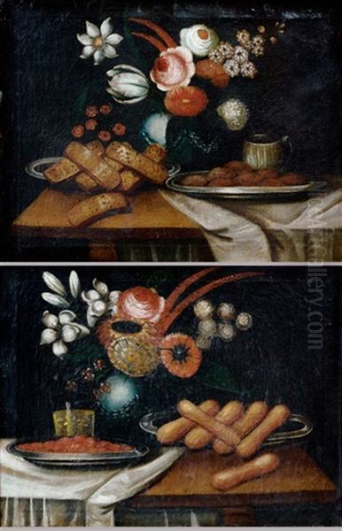 Natures Mortes Aux Biscuits Et Au Bouquet De Fleurs (pair) Oil Painting by Baltazar Gomes Figueira