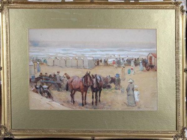 Horses And Donkeys On A Beach With A Bathing Machine And Tents At The Shore Oil Painting by John Atkinson