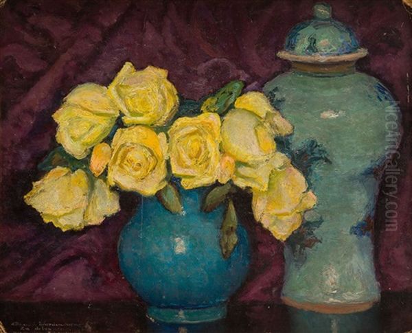 Yellow Roses Against A Violet Curtain Oil Painting by Mieczyslaw Filipkiewicz