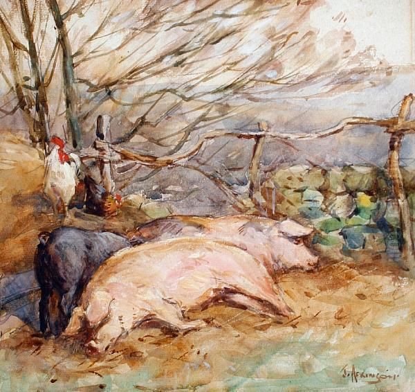 Farmyard Scene With Pigs And Chickens Oil Painting by John Atkinson