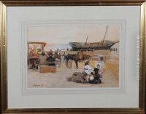 Seaside Donkeys Tethered Near A Bucket-and-spade Stall With Abeached Sailing Ship Nearby Oil Painting by John Atkinson