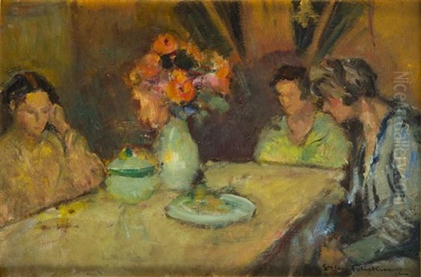 Artist's Daughters At The Table Oil Painting by Stefan Filipkiewicz