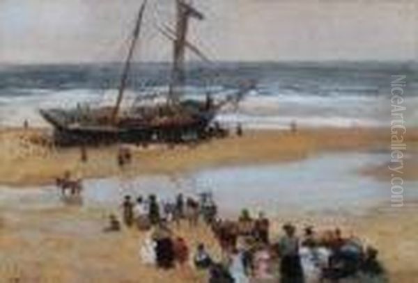 Holiday Makers And Donkeys On A Beach With A Brigantine At The Tideline Oil Painting by John Atkinson