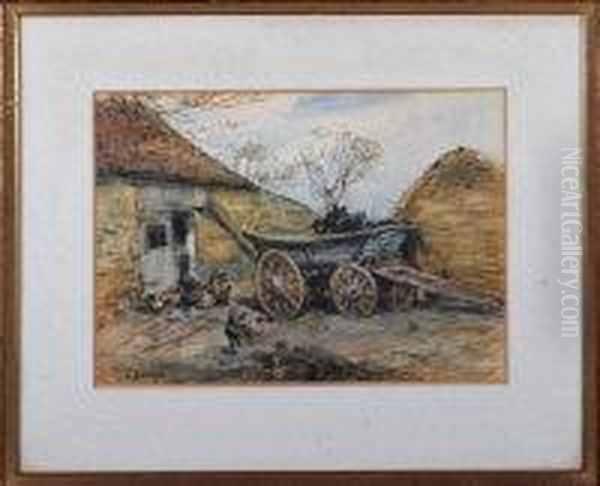 A Hay Cart And Poultry In A Stack Yard Oil Painting by John Atkinson