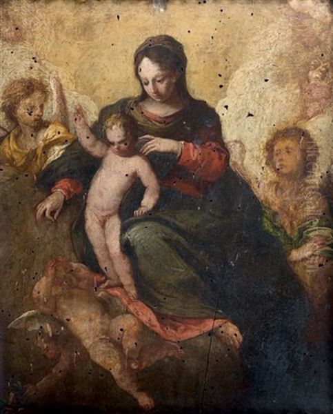 Vierge A L'enfant Entouree D'anges Oil Painting by Sebastiano Filippi the Younger