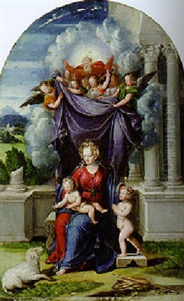 The Madonna And Child With The Infant Saint John The Baptist Revealed By God The Father And Angels Oil Painting by Camillo Filippi