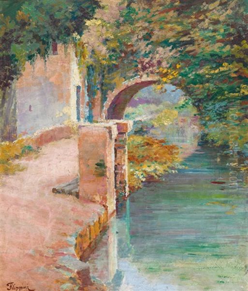 Idyllisches Flusschen Mit Steinbrucke Oil Painting by Francesco Filippini