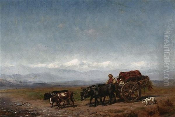 Bauer Mit Seinem Ochsenkarren In Weiter Kaukasischer Landschaft Oil Painting by Konstantin Nikolaevich Filippov