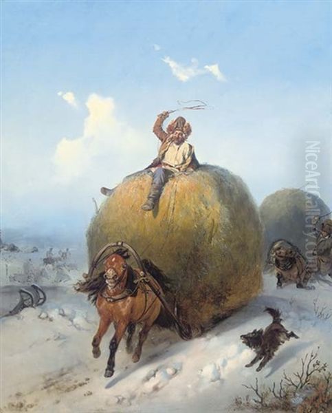 Haywagons On The Move Oil Painting by Konstantin Nikolaevich Filippov