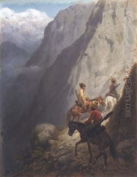 Mounted Cossacks In The Mountains Oil Painting by Konstantin Nikolaevich Filippov