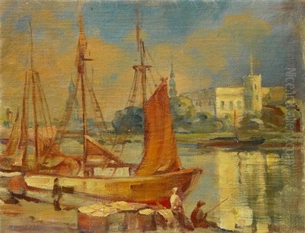 View From Agenskalna Bay Oil Painting by Albert Filka