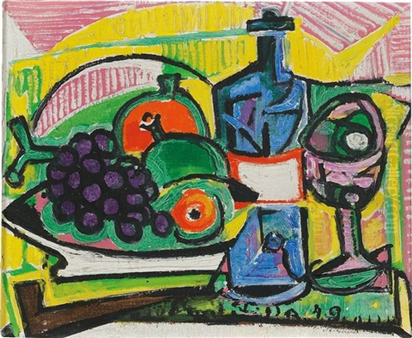 Still Life With Grapes And Bottle Oil Painting by Emil Filla