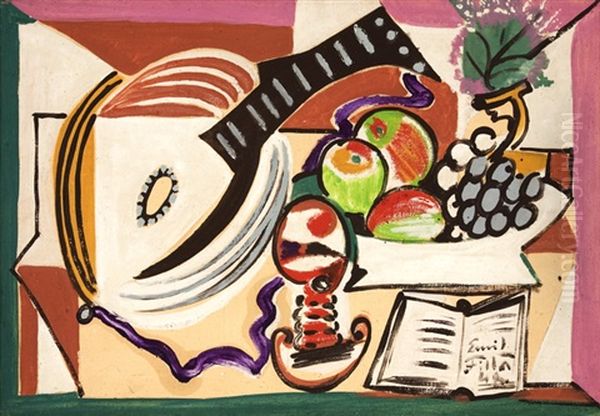 Still Life With Mandolin, Cup, Fruits And Book by Emil Filla