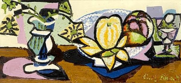 Still Life With A Vase Of Flowers, A Bowl Of Oranges And A Glass by Emil Filla